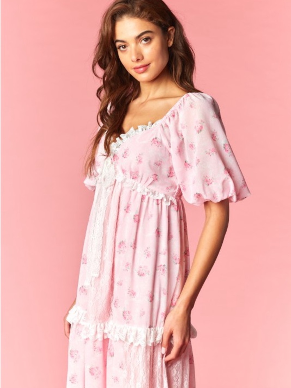 Pink Lace Tiered Maxi Dress with Puff Sleeves - Picture 12 of 14
